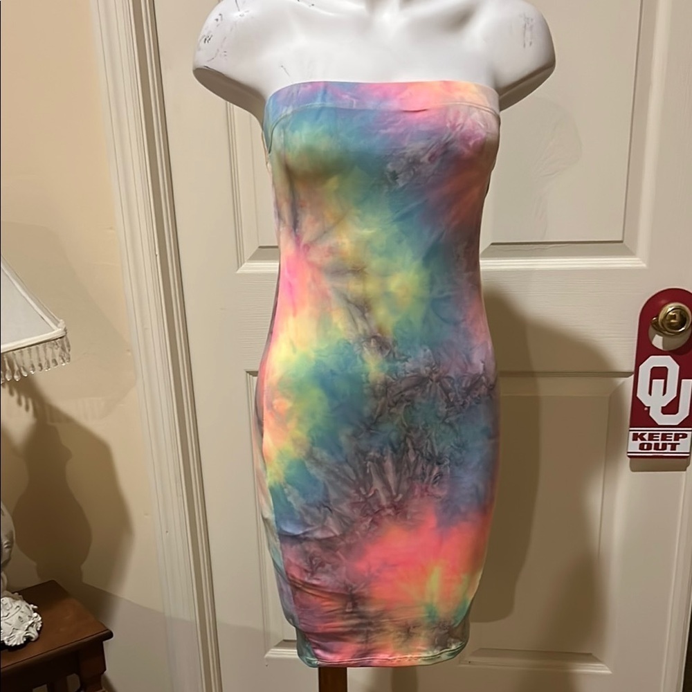 Fashion Nova Full Spectrum Mini Multicolor Tie-Dye Strapless Dress. NWT